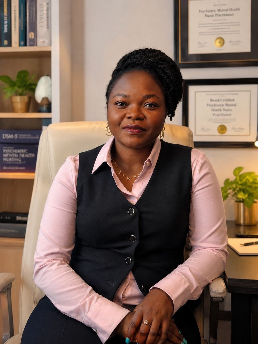Annabel Sema, MSN, ARNP, PMHNP-BC, seated in her office